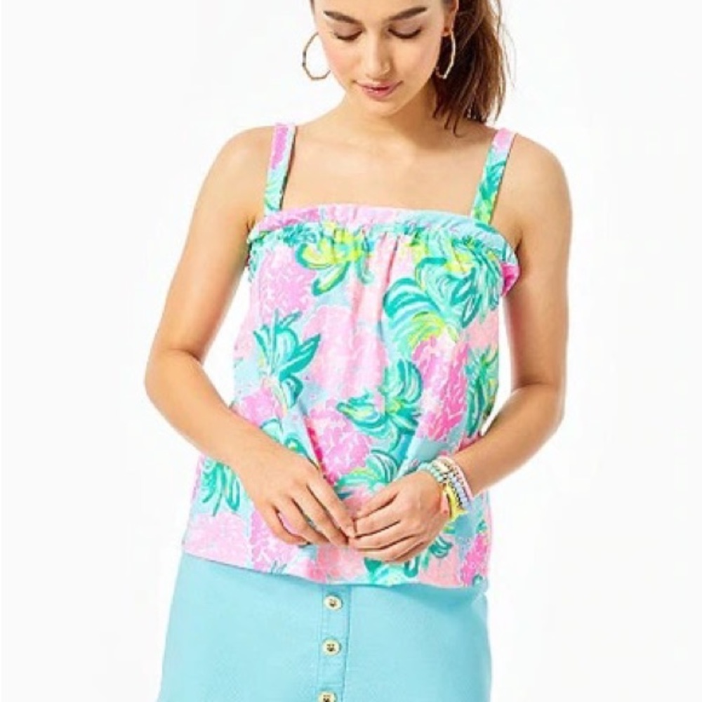 Lilly Pulitzer Jia Floral Tank Top in Blue Ibiza Size L EUC